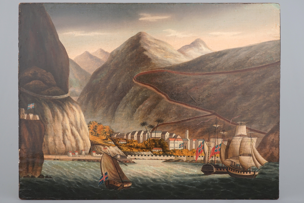 A China trade painting depicting British merchant ships near a harbour, the Great Wall in the back, 19th C.