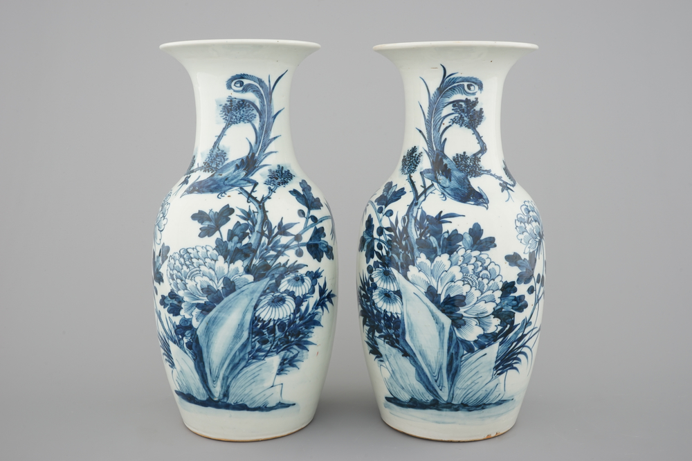 A pair of blue and white Chinese vases with birds among flowers, 19th C.