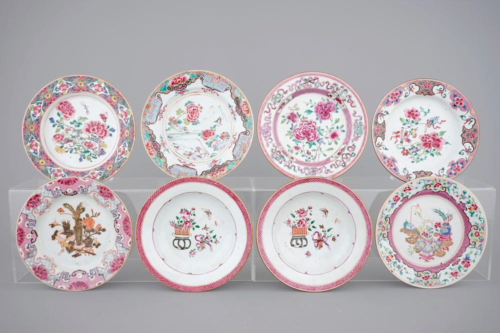 A lot of 8 Chinese famille rose porcelain plates, Qianlong, 18th C.