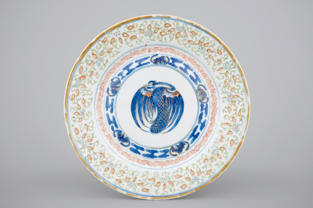 A Chinese doucai porcelain rice grain phoenix plate, ca. 1900