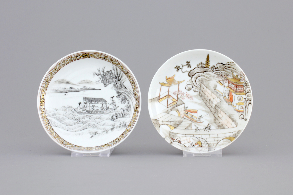 Two fine Chinese porcelain grisaille and gilt saucers, Yongzheng, 1722-1735