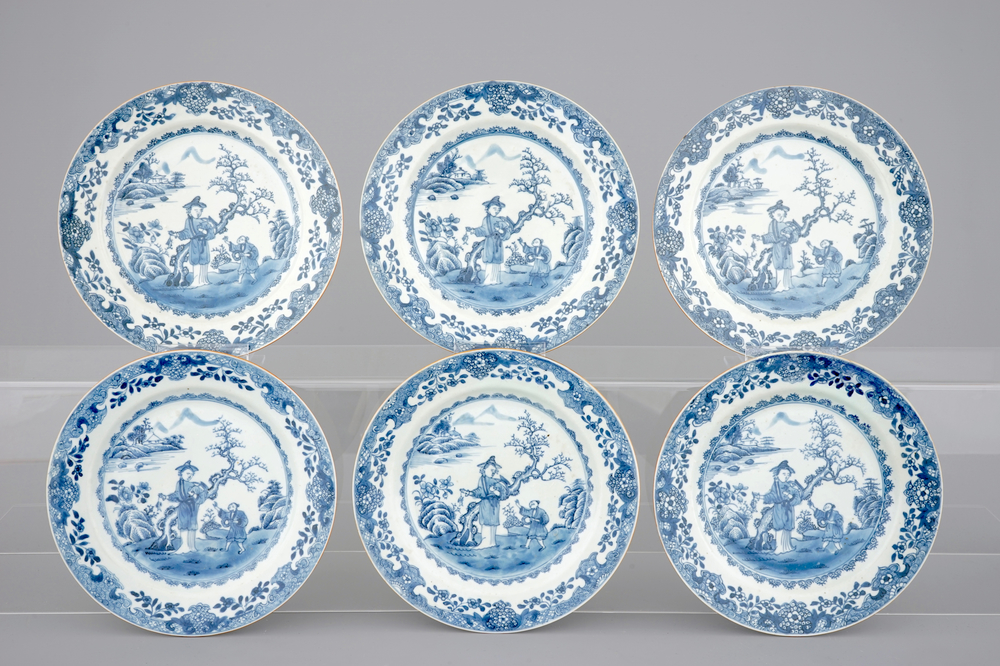 A set of 6 Chinese blue and white figural plates, Qianlong, 18th C.