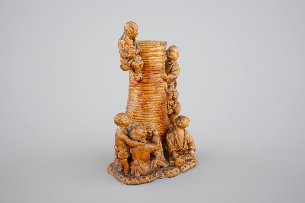 A Japanese pottery vase with children by a bamboo tree, probably Kyoto school, 19th C.