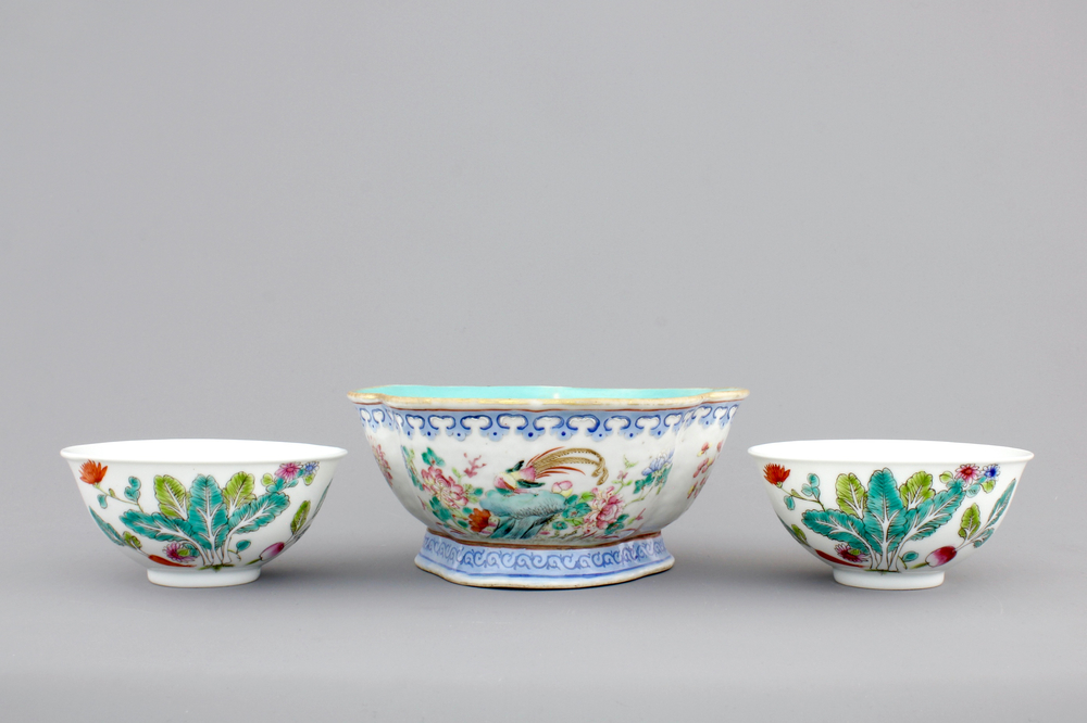 A Chinese famille rose bowl and two famille rose bowls with flowers