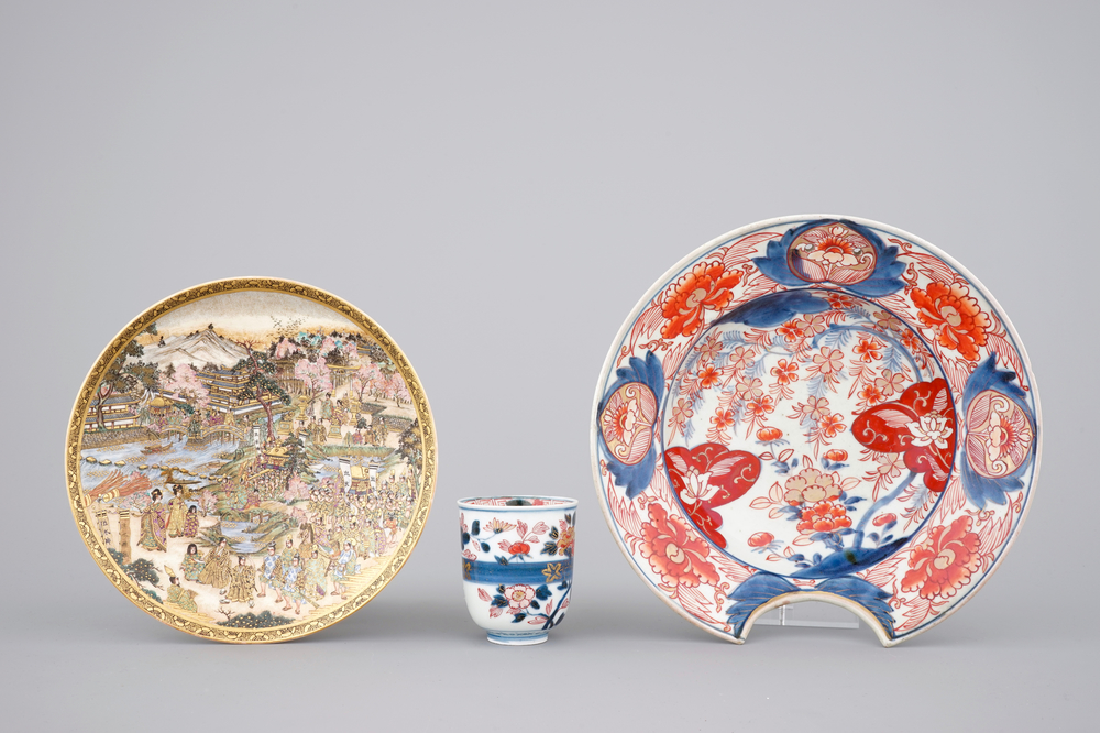 A Japanese imari shaving bowl &amp; a wine cup, 18th C. with a fine Satsuma dish, 19th C.