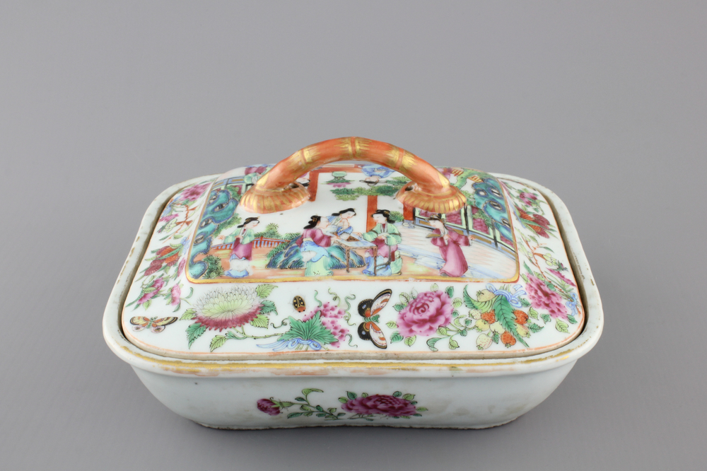 A refined rounded rectangular Canton famille rose tureen and cover, ca. 1860