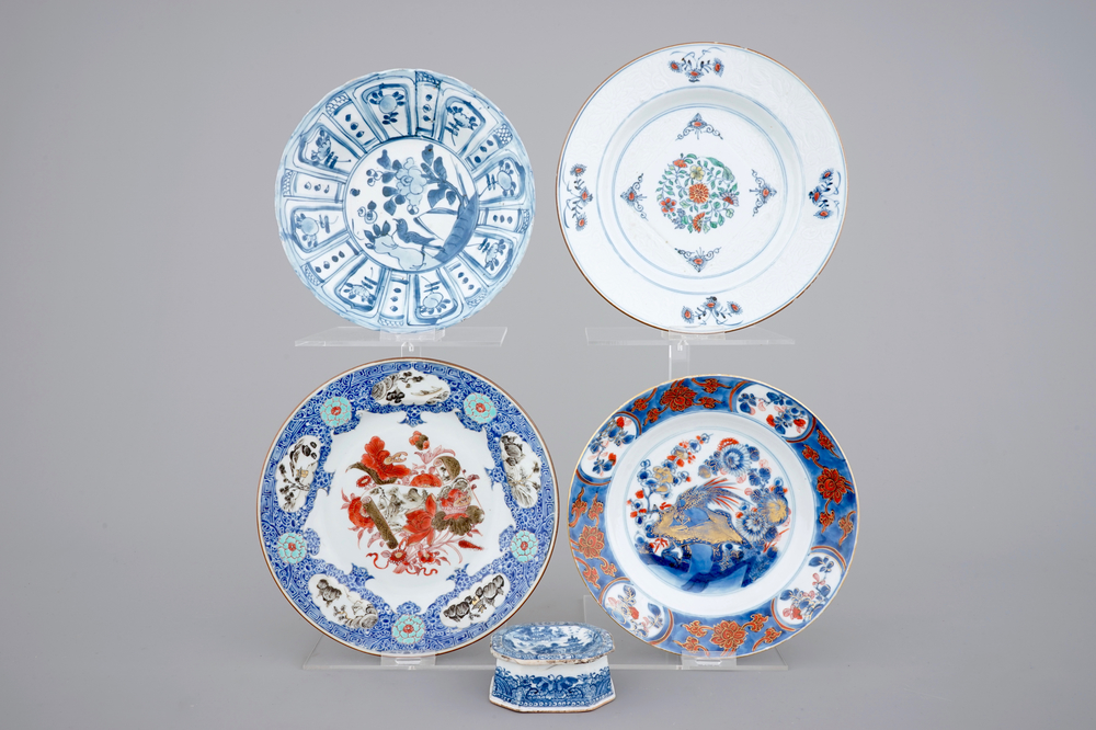 Four Chinese doucai, kraak, Yongzheng and Imari plates and a blue &amp; white salt, 18th C.