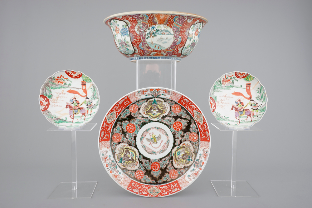 A large Japanese Arita bowl, a large dish and two plates, 19th C.