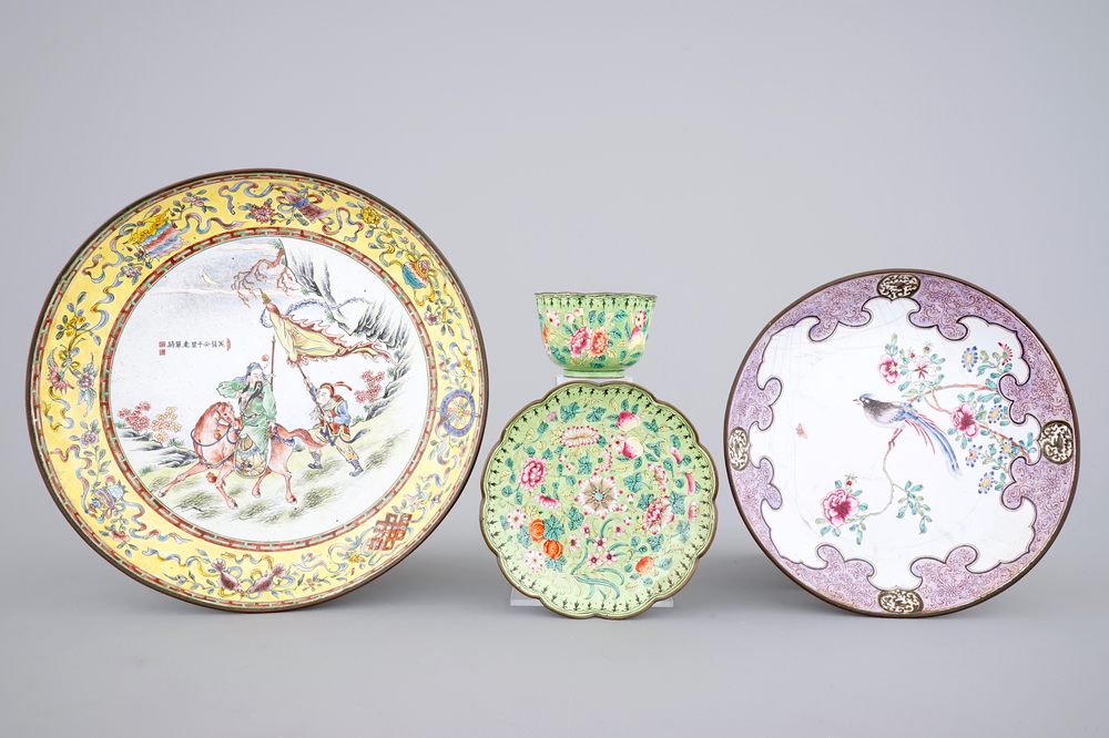 Chinese Canton enamel: two plates and a cup with saucer, 19th C.