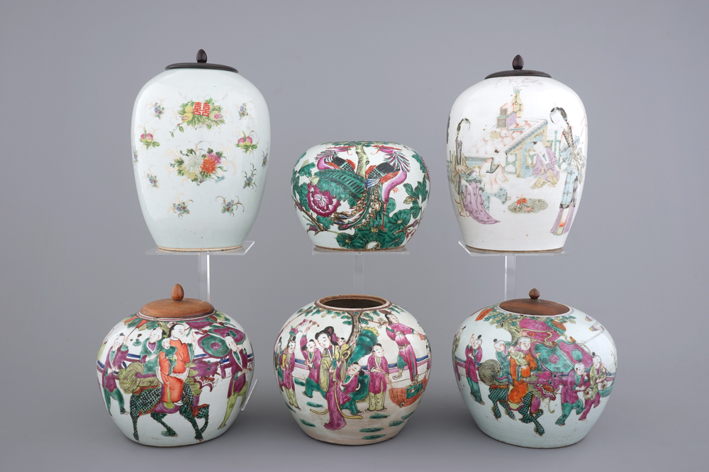 A lot of 6 Chinese famille rose ginger jars, 19/20th C.