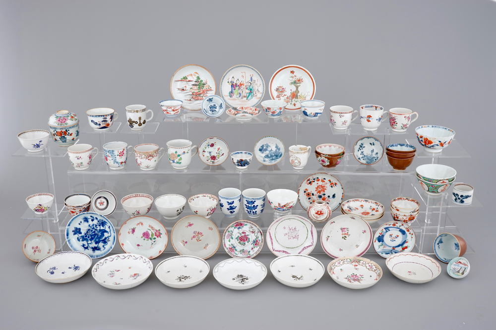 A big lot of Chinese cups and saucers, famille rose and blue &amp; white, Kangxi and later (68 pcs. total)