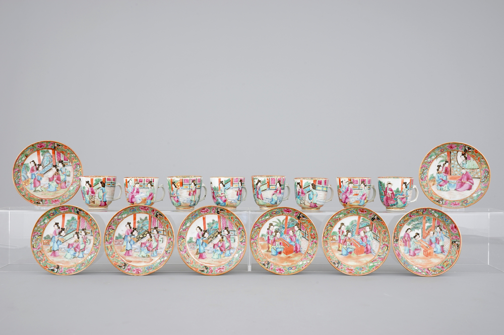 A set of eight Chinese Canton rose medallion cups and saucers, ca. 1860
