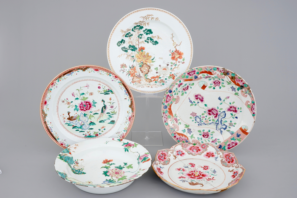 Five large Chinese porcelain famille rose dishes, 18th C.