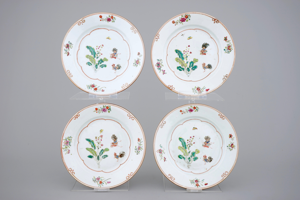 Four good Chinese famille rose plates with cocks, 18th C.