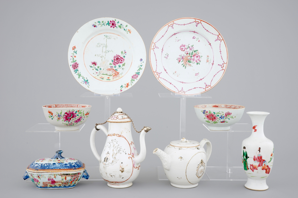 18th C. Chinese porcelain: Two grisaille jugs, a tureen, two bowls and two plates, Qianlong and a Yongzheng famille rose vase