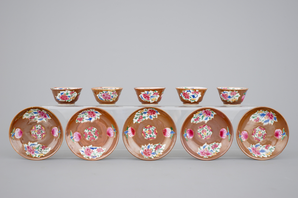 A set of five Chinese famille rose and batavia brown cups and saucers, 18th C.