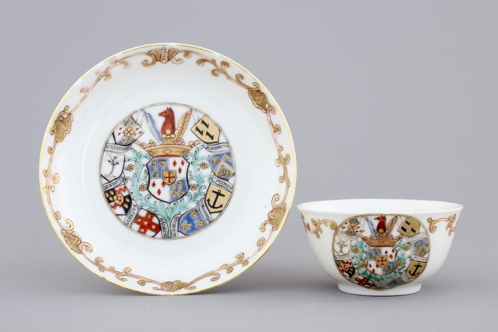 A Chinese porcelain armorial cup and saucer with Van Reverhorst coat of arms, Qianlong, ca. 1745