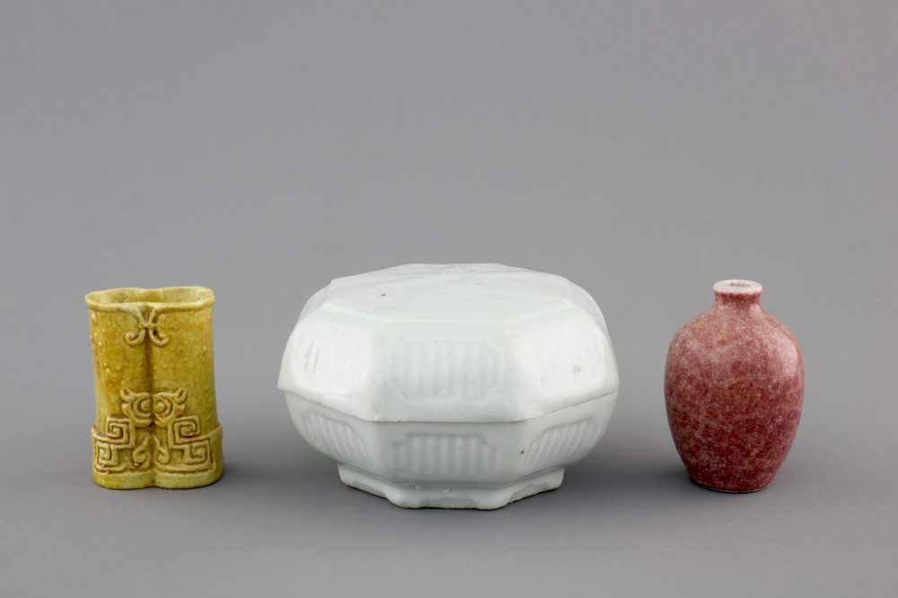 A Qingbai box and cover and two miniature vases, 18th C.