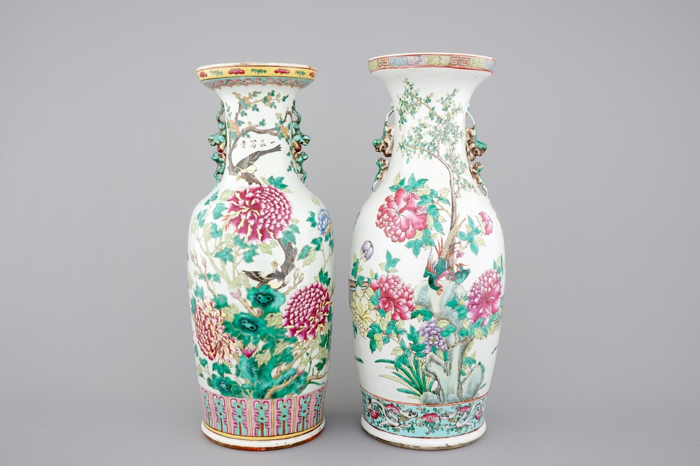 Two fine tall Chinese famille rose vases with birds, 19th C.