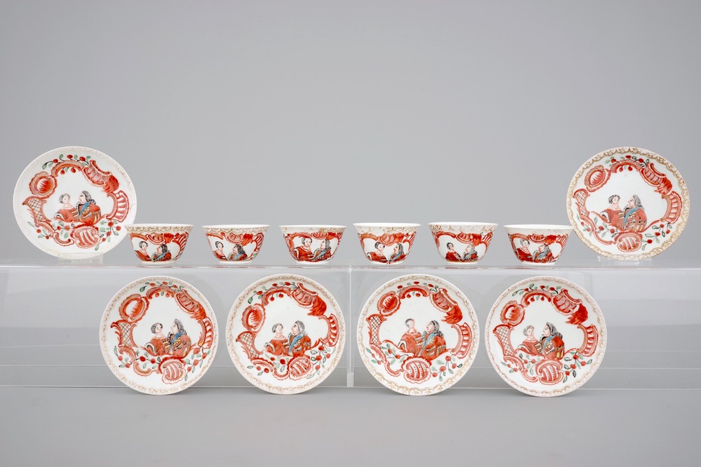 A set of six Dutch-decorated royal portrait cups and saucers, 18th C.