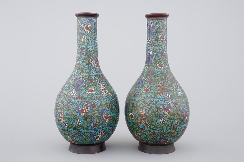 Two Chinese cloisonne bottle-shaped vases, 18/19th C.