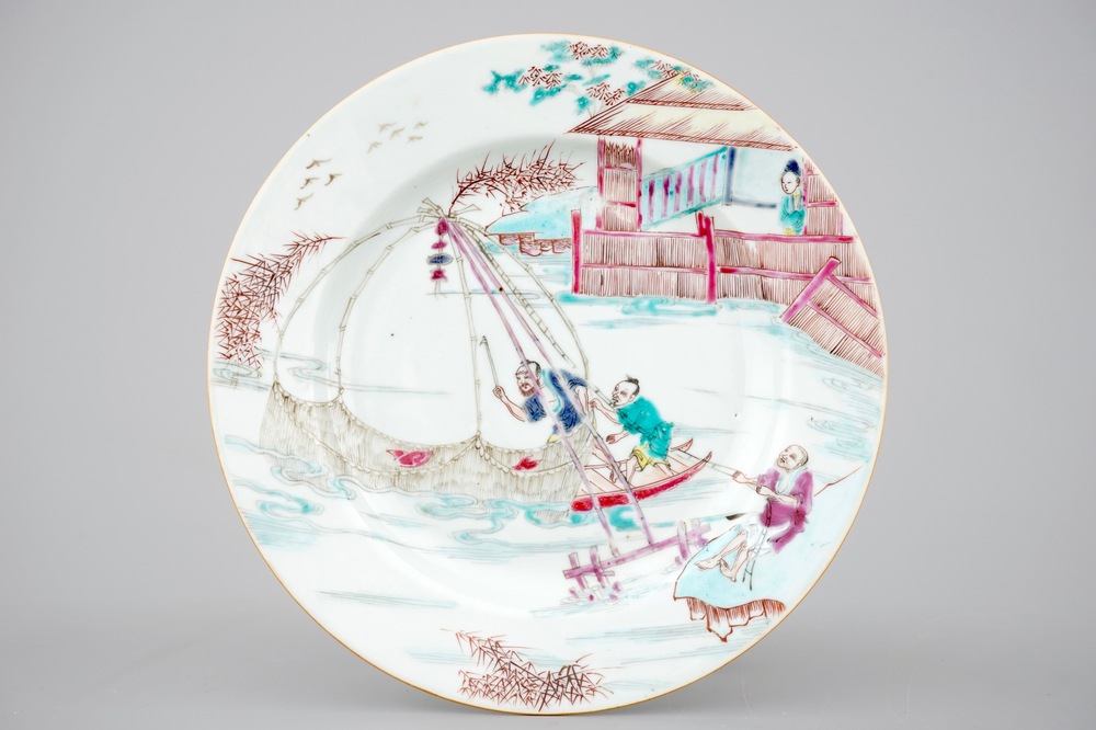 A fine and rare Chinese famille rose porcelain &quot;Fishing&quot; plate, Yongzheng, 1722-1735