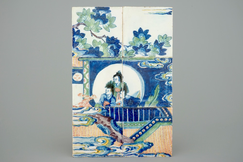 A rare Dutch Delft chinoiserie tile panel, 17/18th C.