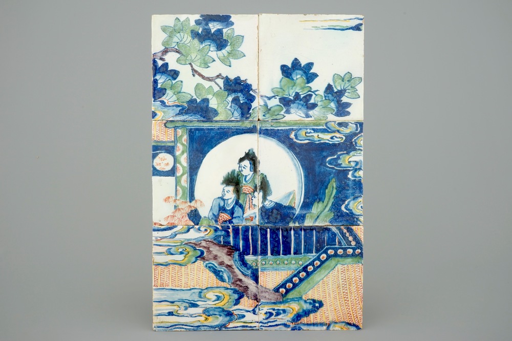 Een Delfts tegeltableau met polychroom chinoiseriedecor, 17/18e eeuw