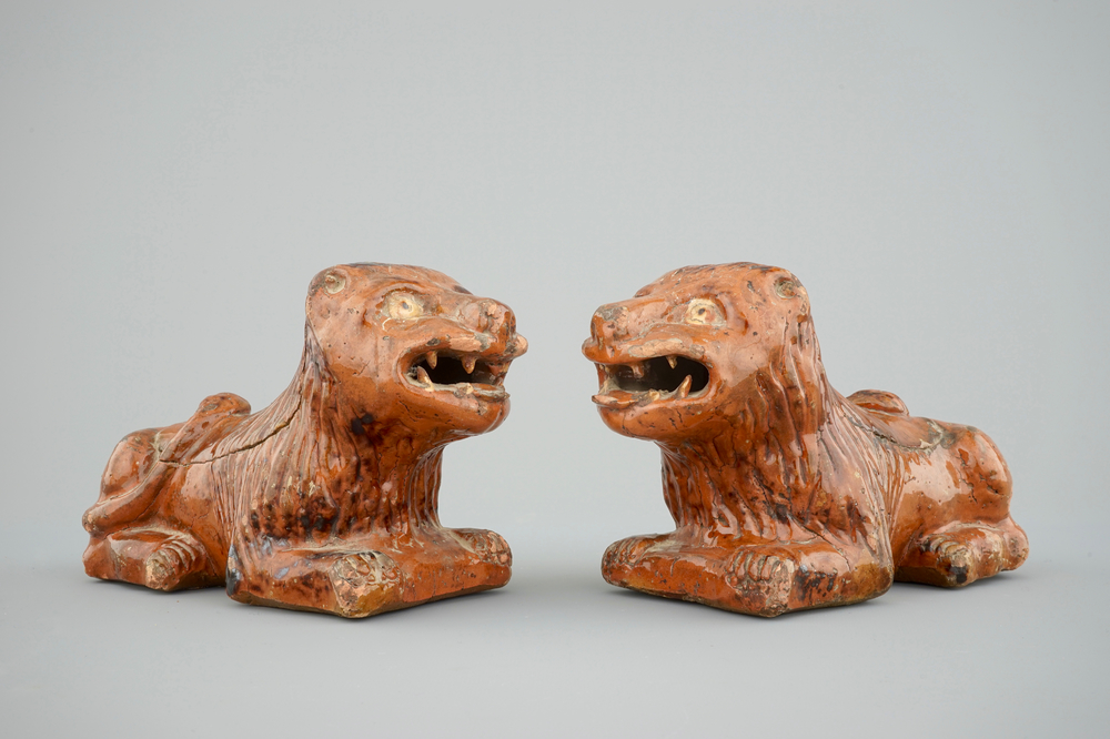 An unusual pair of lions in redware pottery, probably France, 17/18th C.