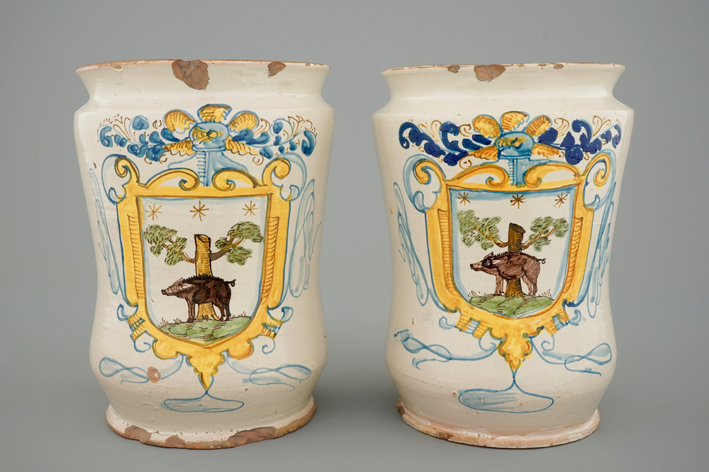 A pair of tall albarelli with boars, Italy, 18th C.