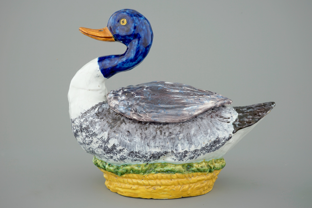 A Brussels faience polychrome duck-shaped tureen and cover, 18th C.