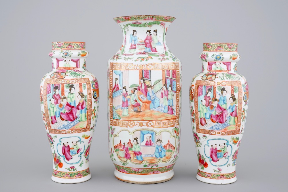 A large group of Canton rose medallion, 3 vases and 3 bowls, 19th C.