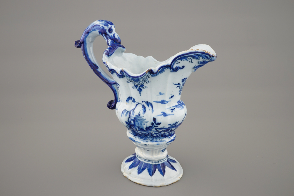 A Dutch Delftware helmet-shaped ewer, ca. 1760