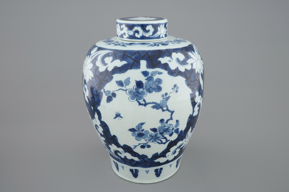 A Dutch Delft blue and white ginger jar and cover, early 18th C.