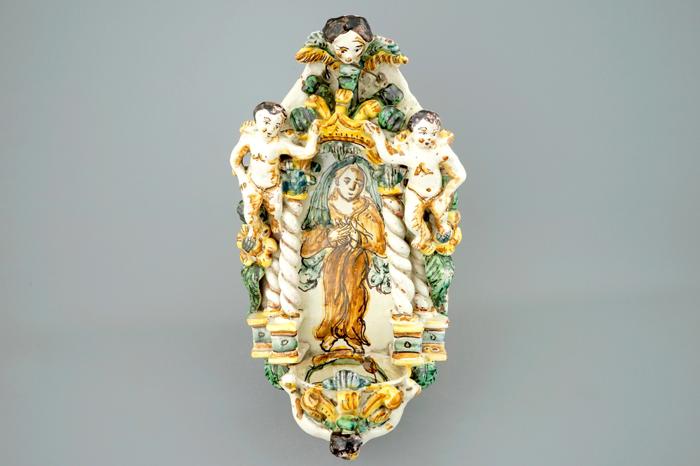 An Italian maiolica holy water font, Ariano Irpino, 18th C.