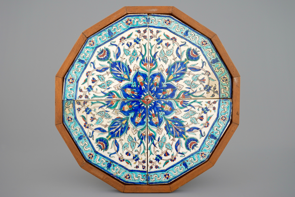 A framed octagonal Iznik style Kutahya tile panel, early 19th C.