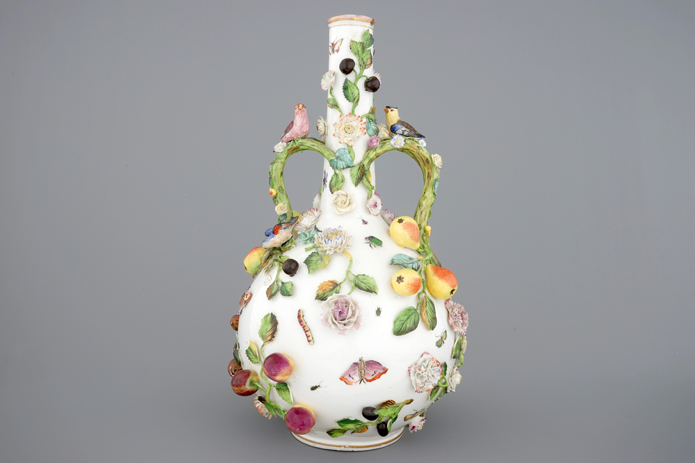 A Meissen style two-handled bottle vase with applied insects, birds and flowers, 19/20th C.