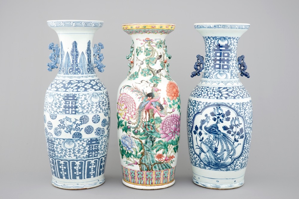 3 tall Chinese famille rose and blue &amp; white vases, 19th C.