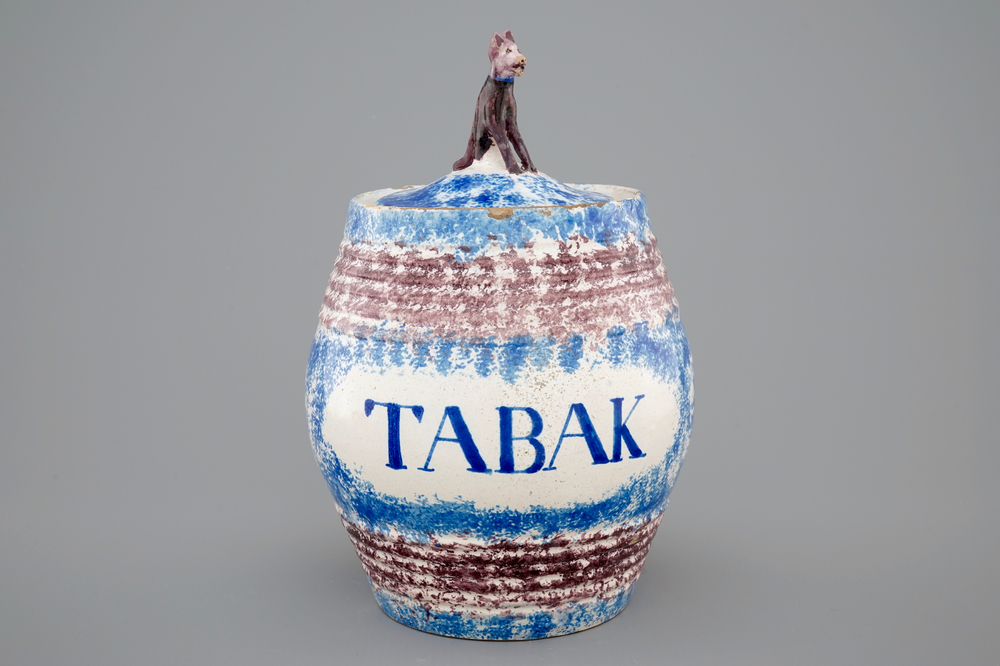 A blue and manganese lidded tobacco jar, Makkum, Friesland, ca. 1850