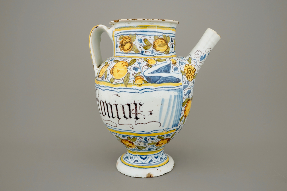 A polychrome maiolica syrup jar, Savona, 17th C.
