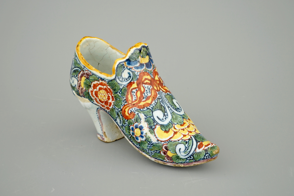 A Dutch Delft polychrome shoe, 18th C.