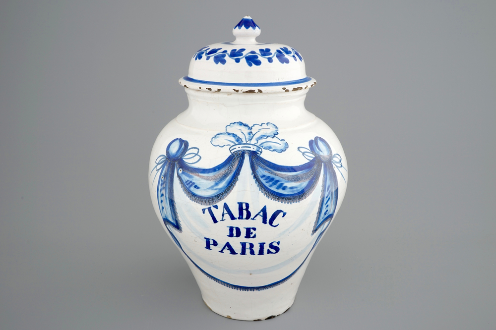 A blue and white tobacco jar and cover 'Tabac de Paris', late 18th C.