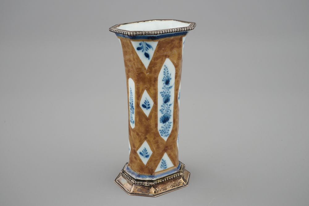 A Dutch Delft capucin brown miniature vase with silver mounts, 18th C.