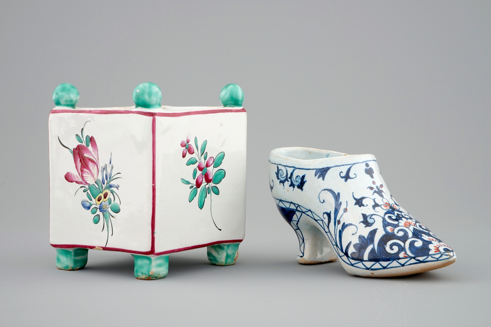 Un pot &agrave; fleurs en fa&iuml;ence de l'Est et une chaussure en Rouen, 18/19&egrave;me