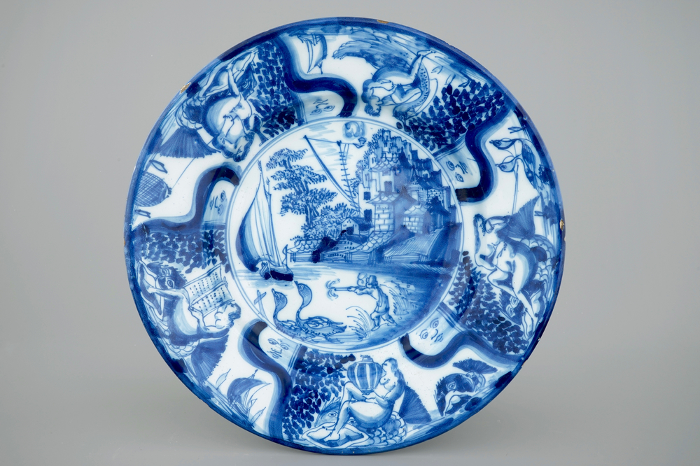 A blue and white Dutch Delft dish 'the duck hunt', late 17th C