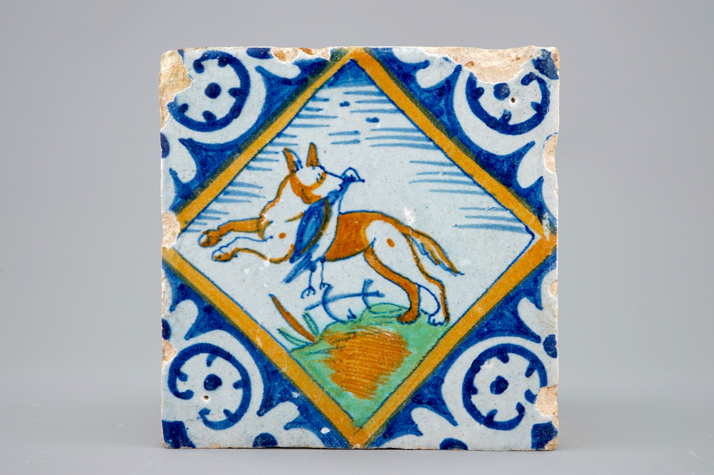 A diamond tile with a fox carrying a bird, 1600-1620