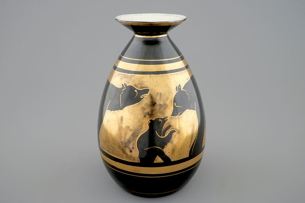 A Charles Catteau gilt on black vase with bears for Boch K&eacute;ramis, 1st half 20th C.