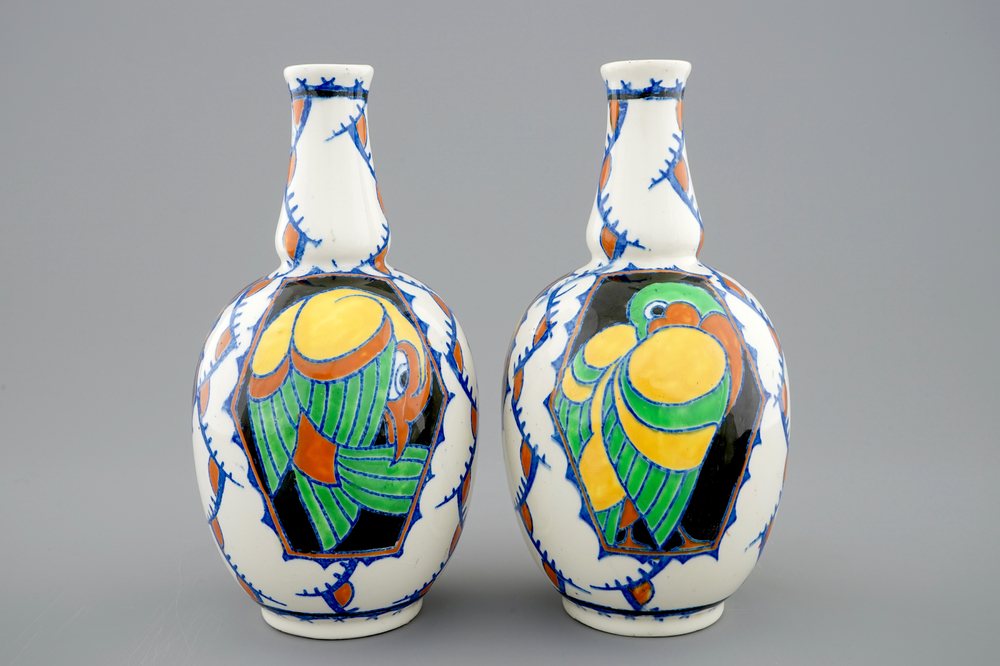 A pair of Charles Catteau vases with parrots for Boch K&eacute;ramis, 1st half 20th C.