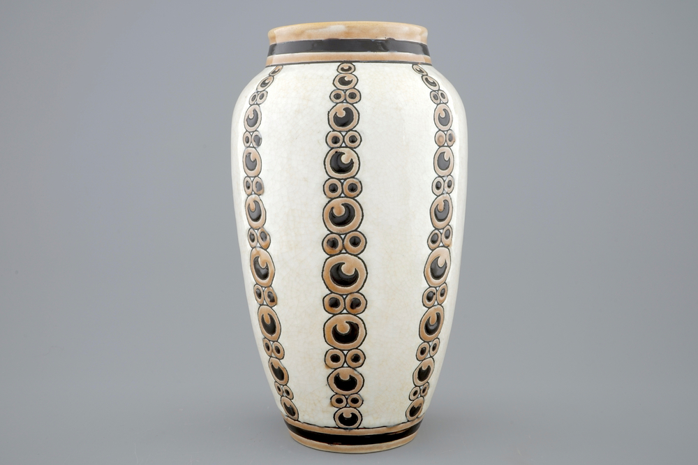 A Charles Catteau crackle glazed vase with ornamental decoration for Boch K&eacute;ramis, 1st half 20th C.