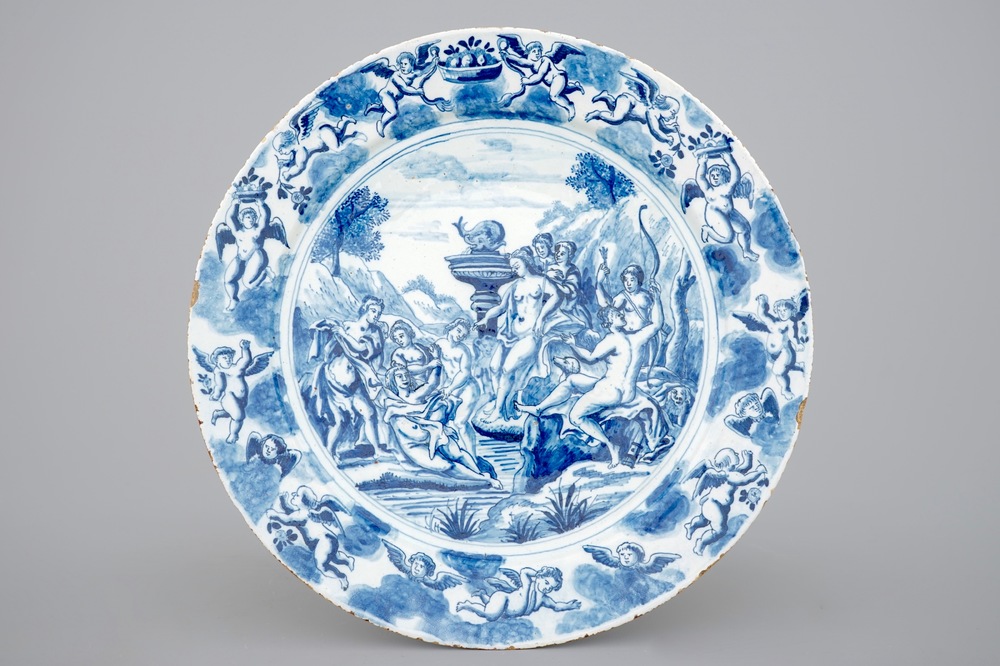 A blue and white Dutch Delft plate with a mythological scene, ca. 1700